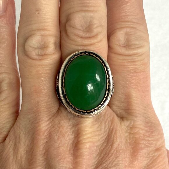 Sterling Silver 925 Green Chalcedony Turkish Ottoman Tughra Unisex Ring Sz 9.25 - Picture 12 of 16